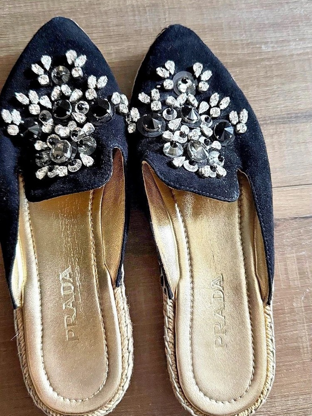 Prada Black Suede Crystal Embellished Pointed-Toe Espadrille Mules EU 36.5